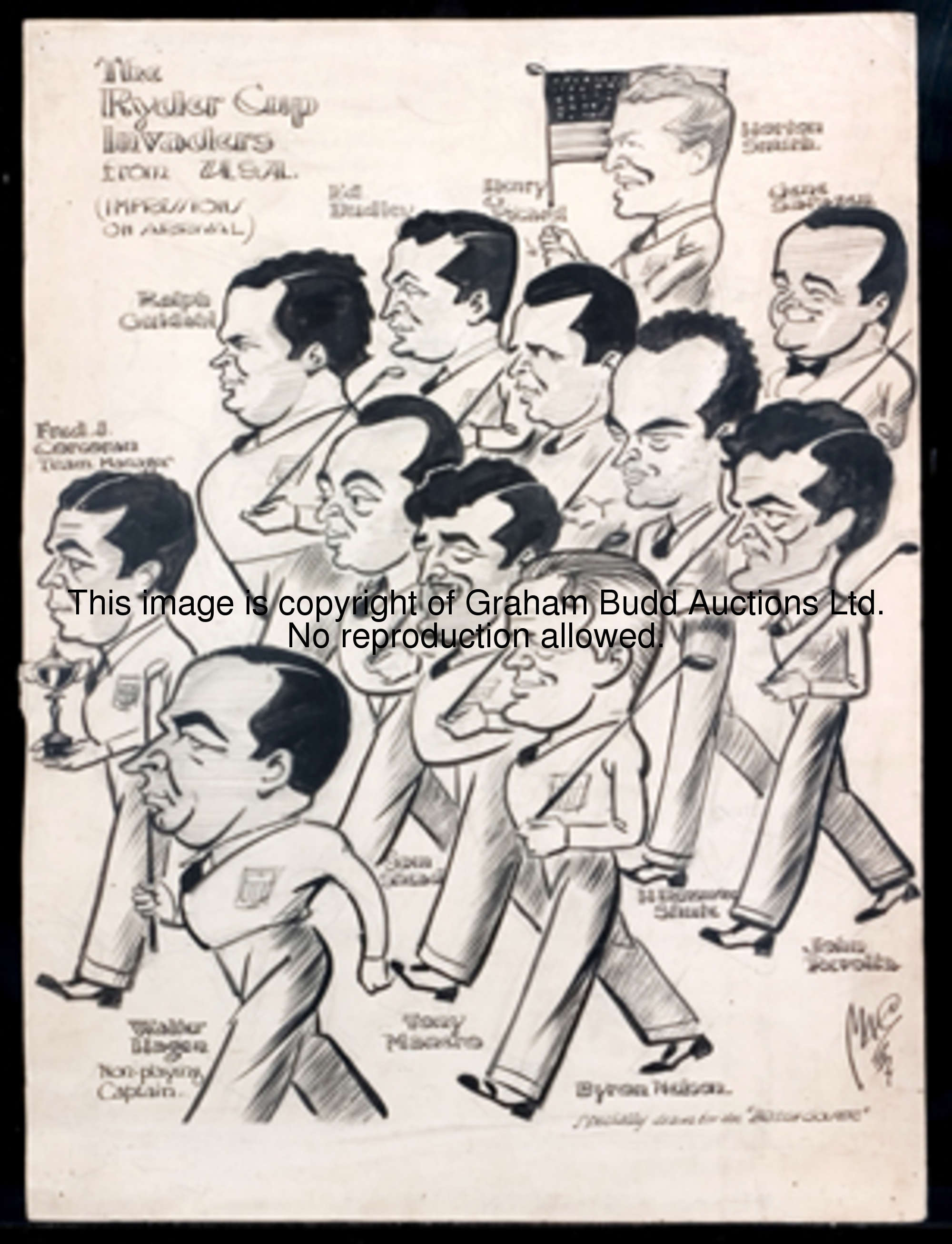 Mac [Stan McMurtry] A GROUP OF FIVE ORIGINAL GOLFING CARTOONS each signed, pen and ink and wash, com...