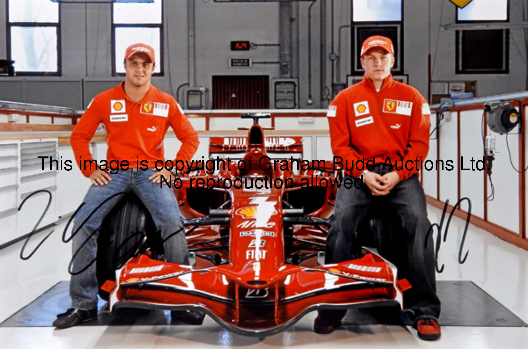 Three 2008 Scuderia Ferrari press photos double-signed by Kimi Raikkonen and Felipe Massa, colour pr...