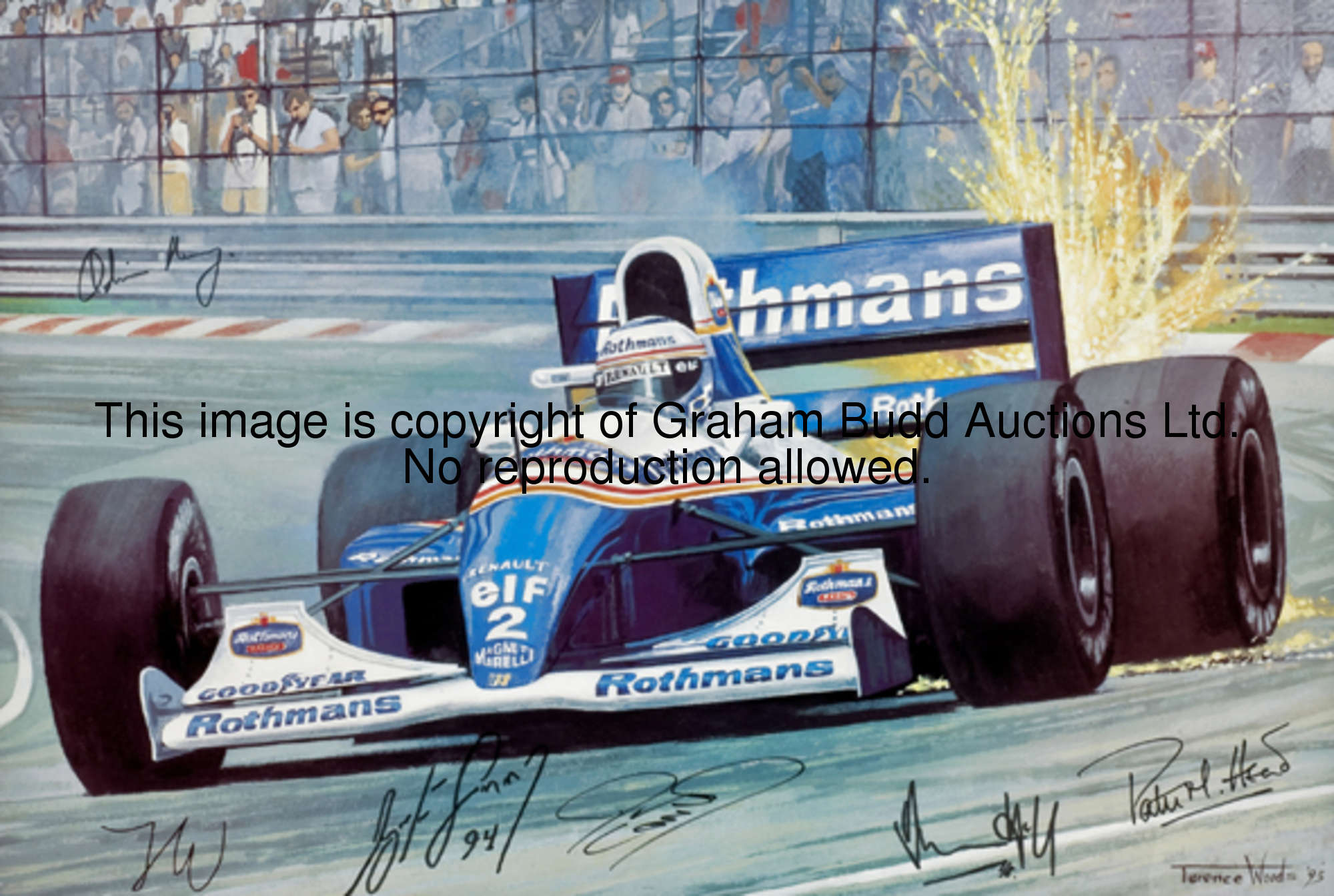 Ayrton Senna and 1994 Williams Team-signed print, 'Artists Impression' after Terry Woods, bearing th...
