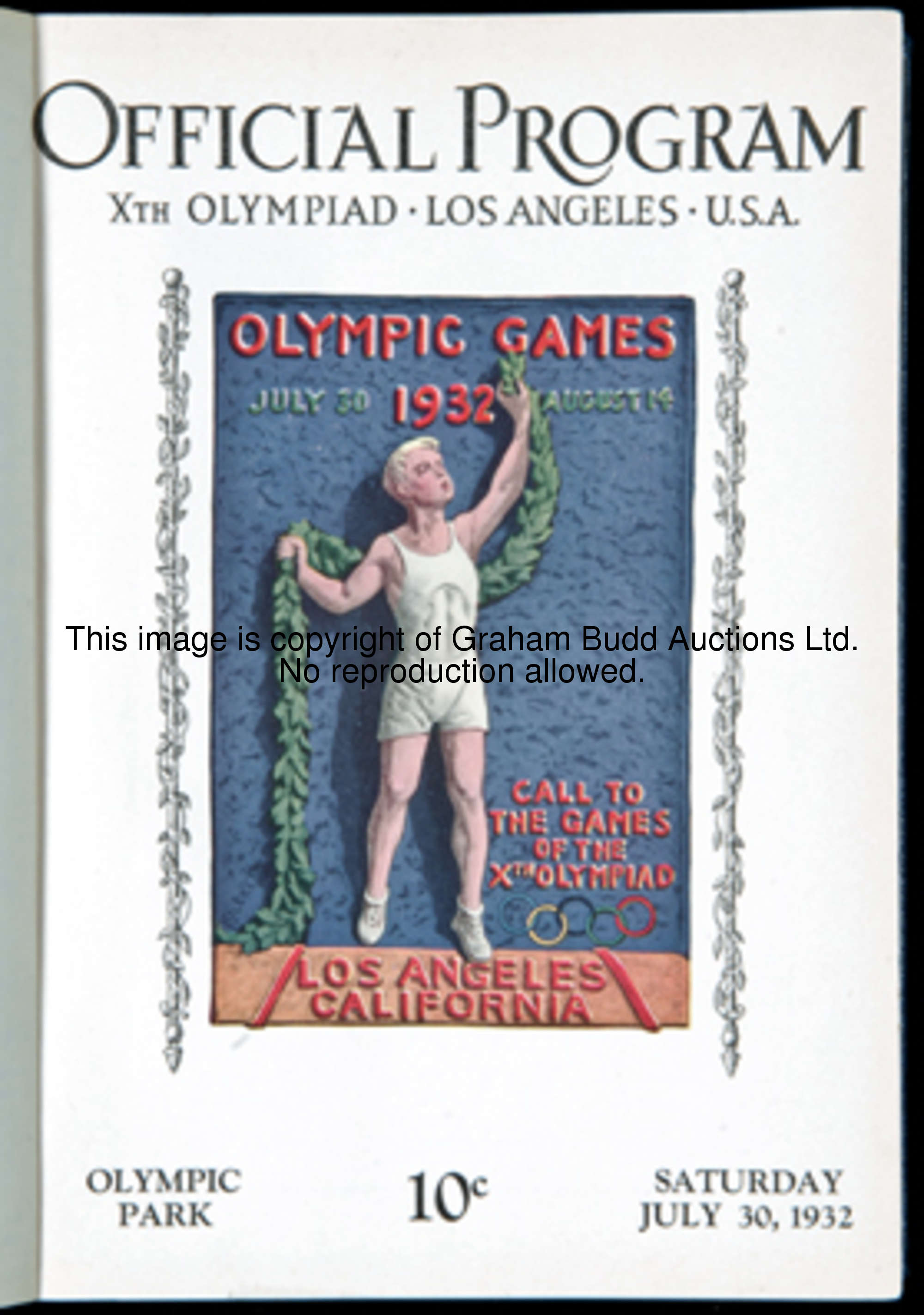 A bound complete collection of the 39 official programs of the 1932 Olympic Games in Los Angeles, bl...