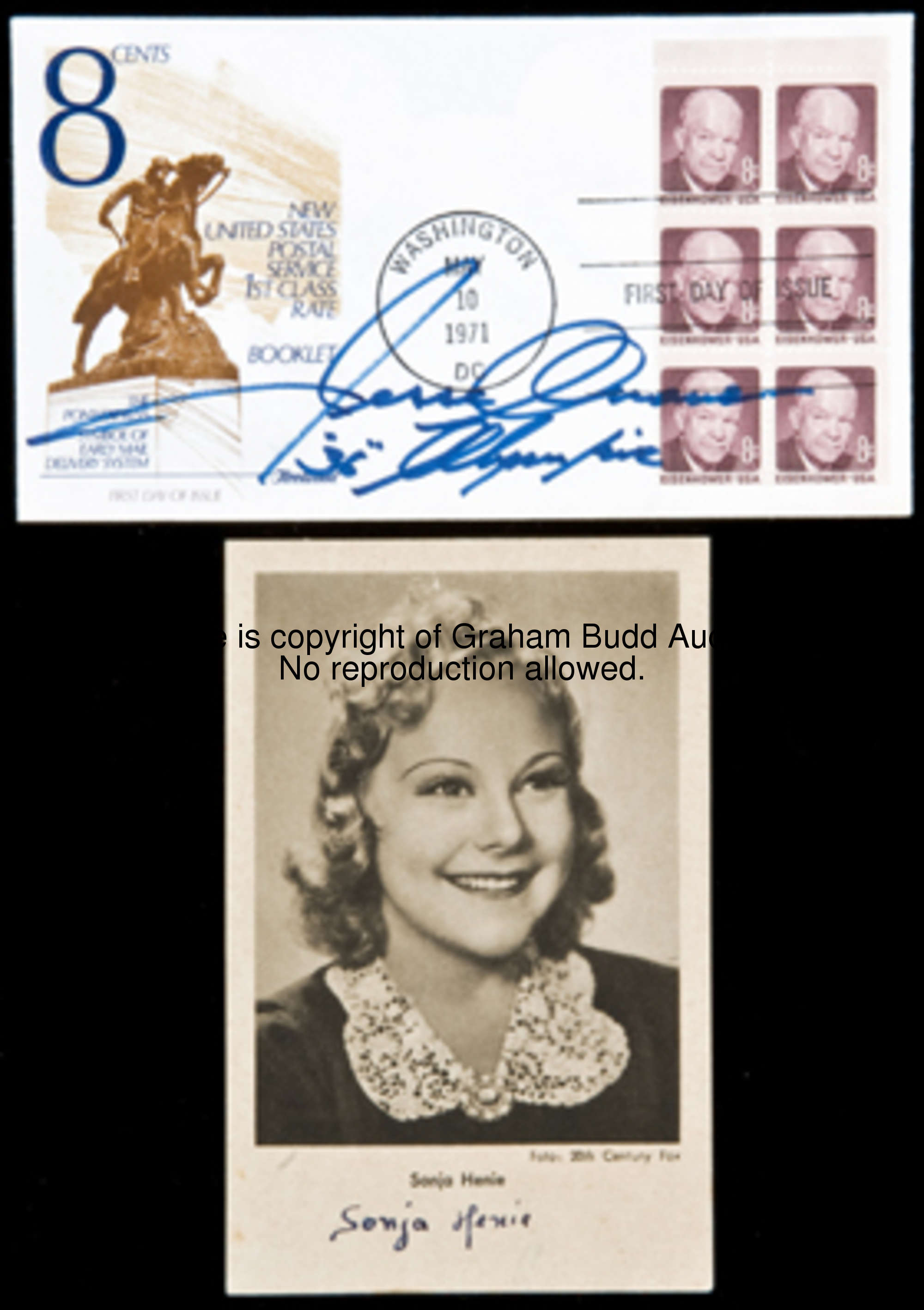 The autographs of the Olympic champions Jesse Owens and Sonja Henie, the Owens signature in blue mar...