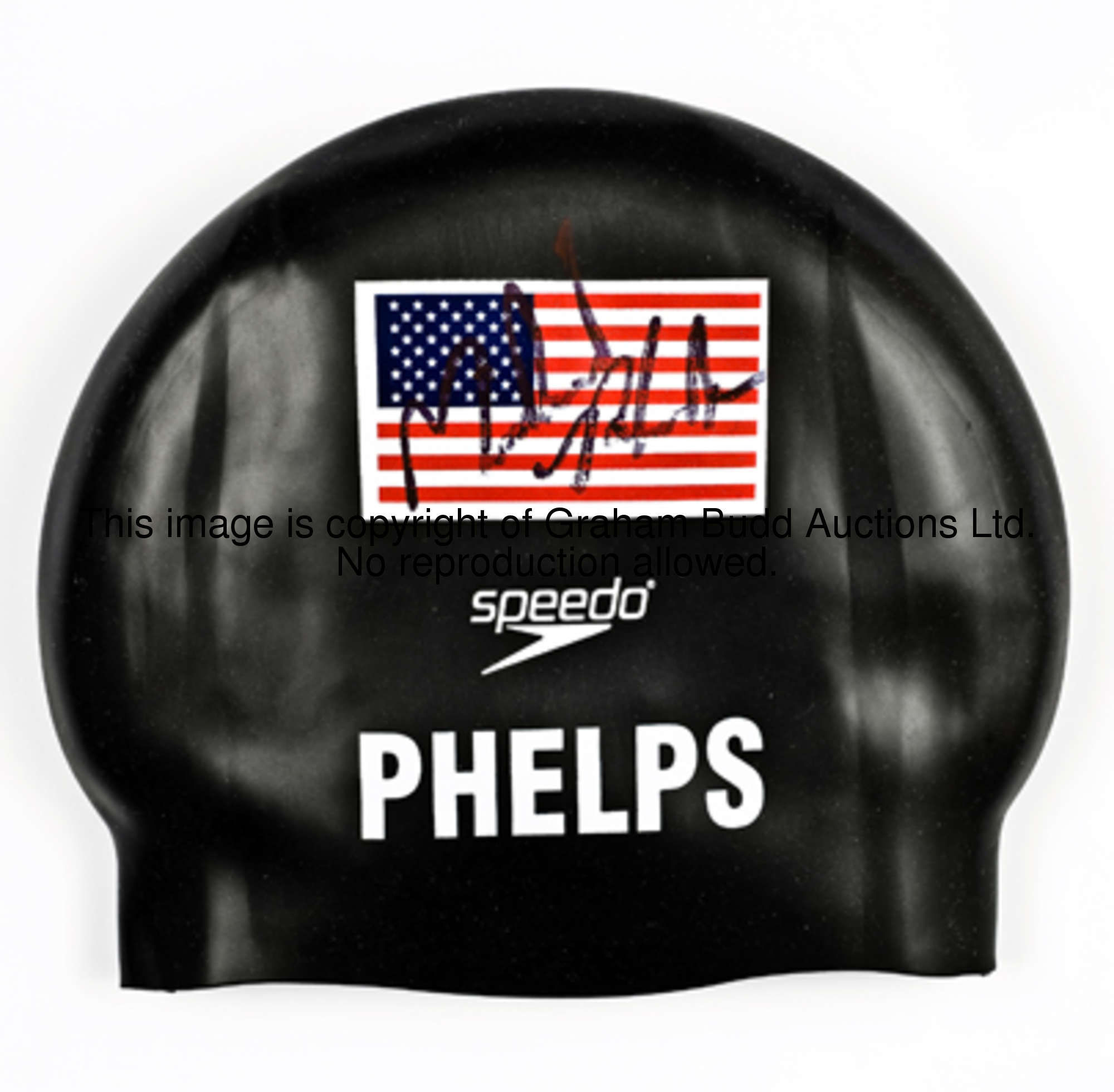 The U.S. Olympic team swimming cap worn by Michael Phelps when winning his historic eighth Olympic g...