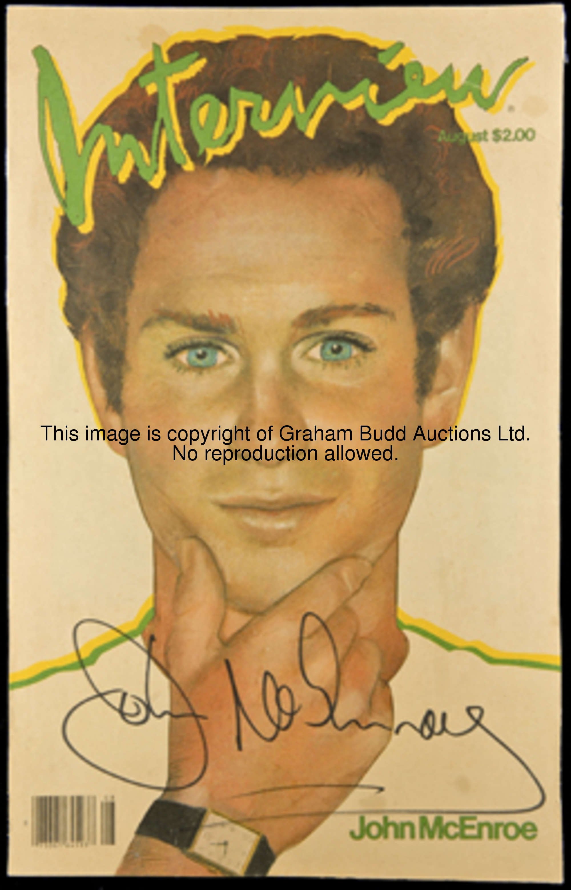 A signed copy of an Interview Magazine cover portraying the tennis champion John McEnroe, the large-...