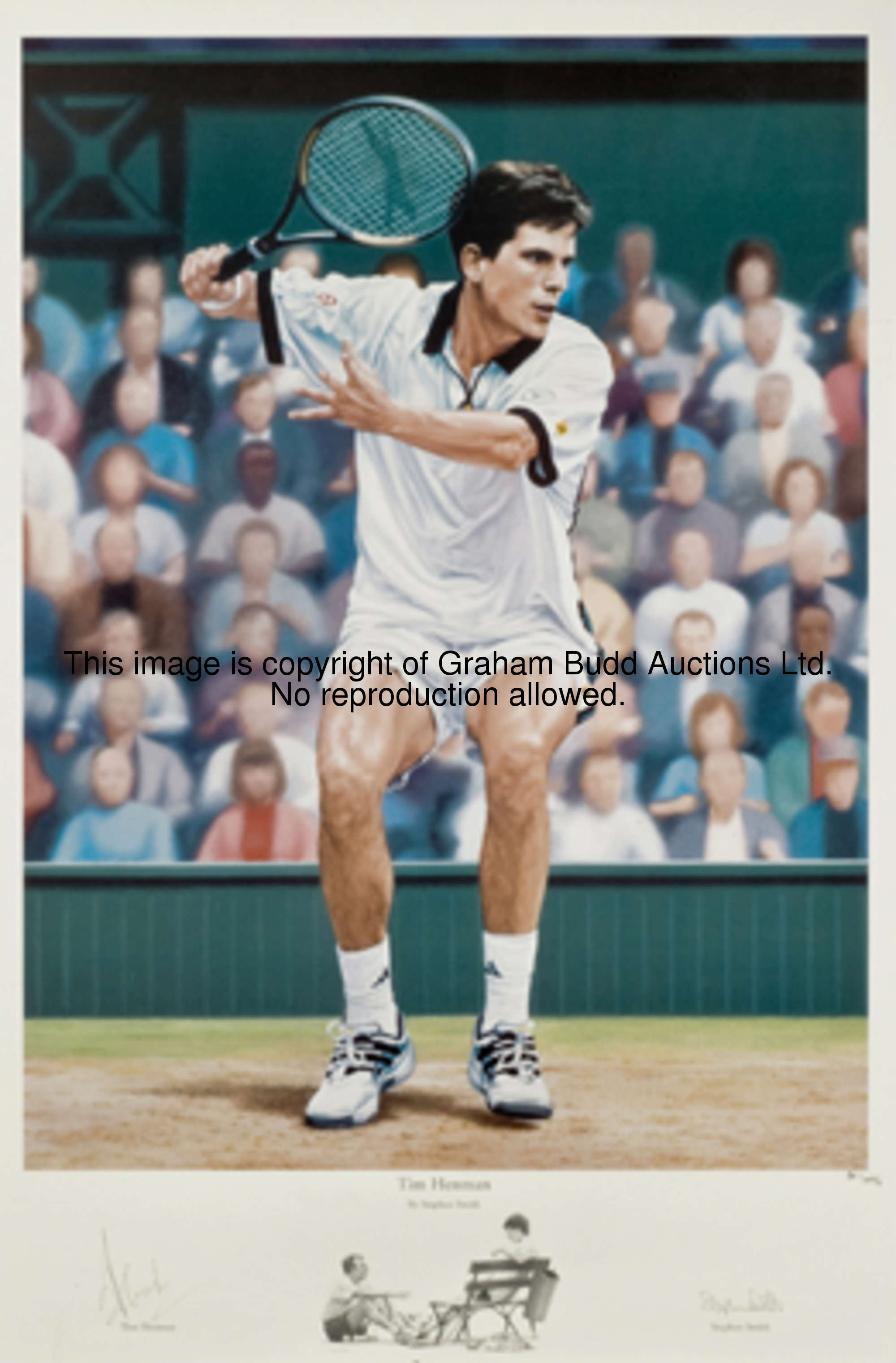 A signed Tim Henman print, after a painting by Stephen Smith, signed in pencil by the artist and Tim...