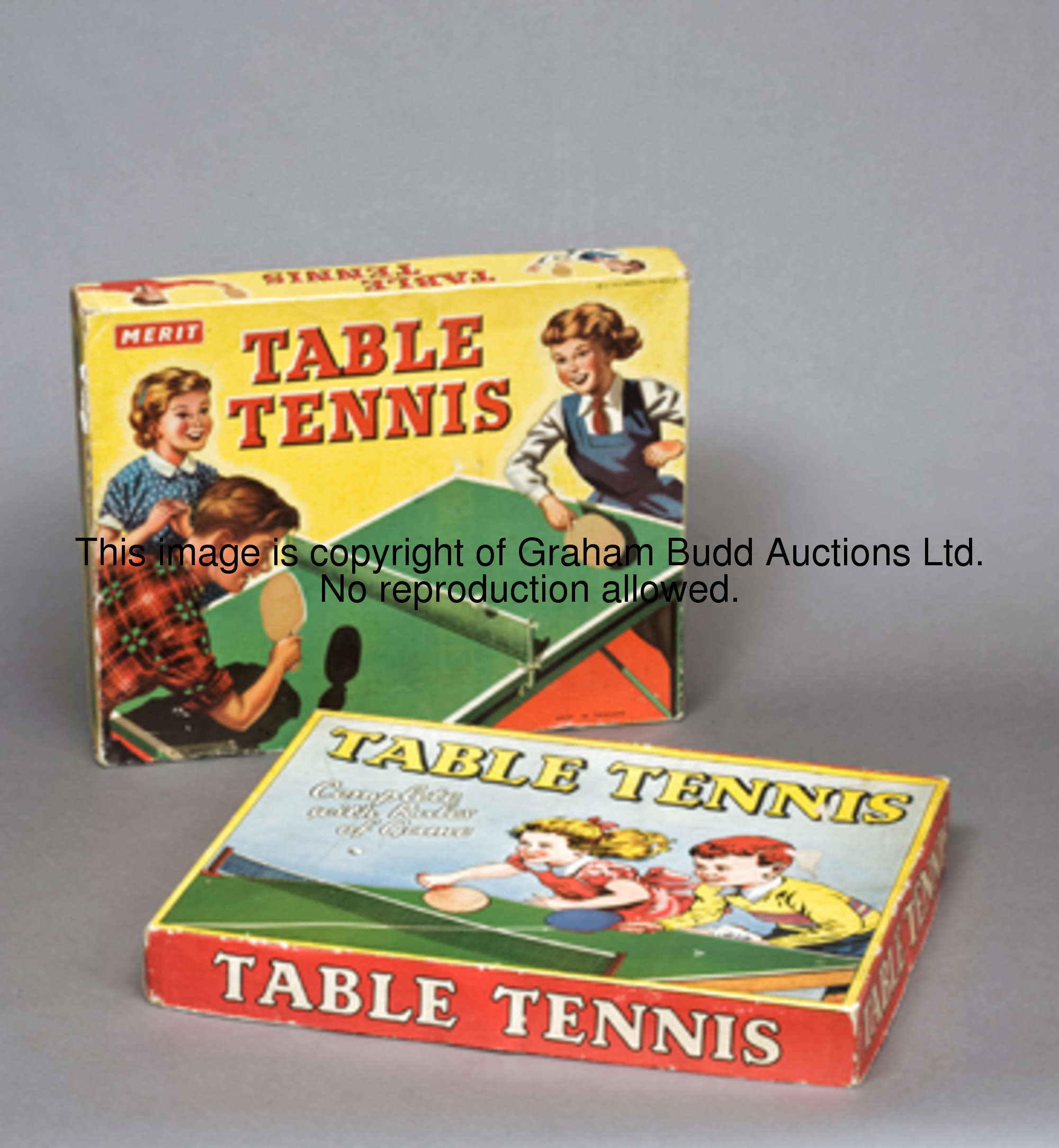 A group of six table tennis sets, i) The 'Glevum' set with 2 ply bats, rules, 1 ball, & netting  ii)...