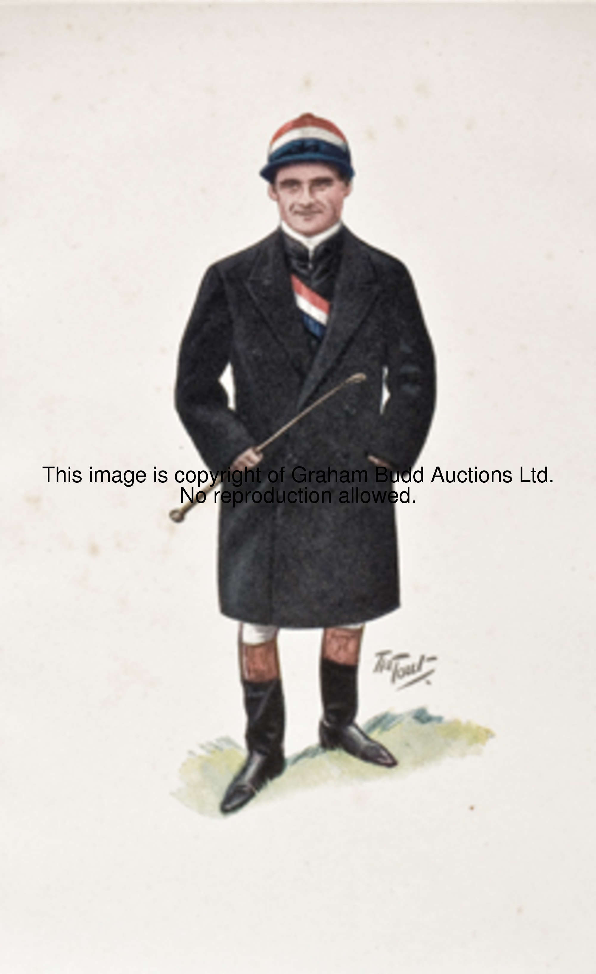 A signed Tout cartoon of Sir Gordon Richards in the colours of Lord Glanely, coloured print, signed ...