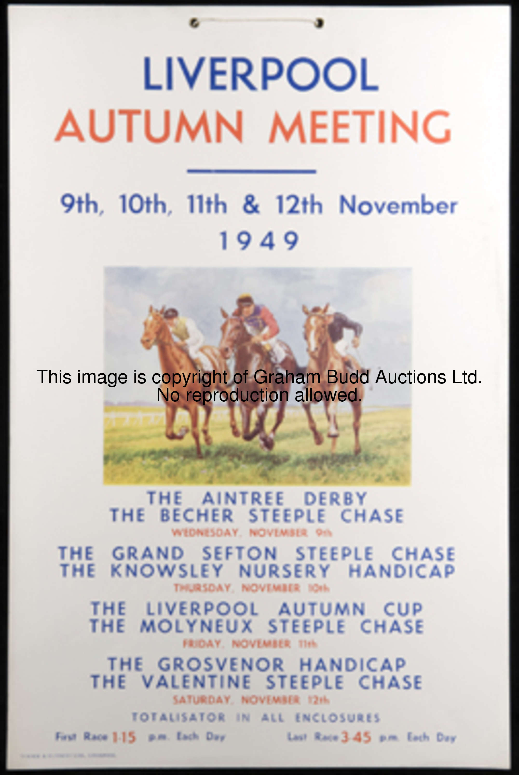 A collection of 28 Liverpool race meeting display posters, each printed on card, ringed and strung a...