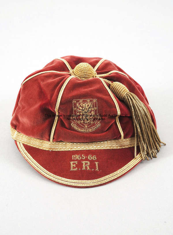 Gary Sprake's red Wales international cap season 1965-66, inscribed E.R.I., the inside label marked ...