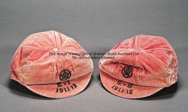 Two England amateur international caps from season 1911-12, rose coloured, with wirework rose motif ...