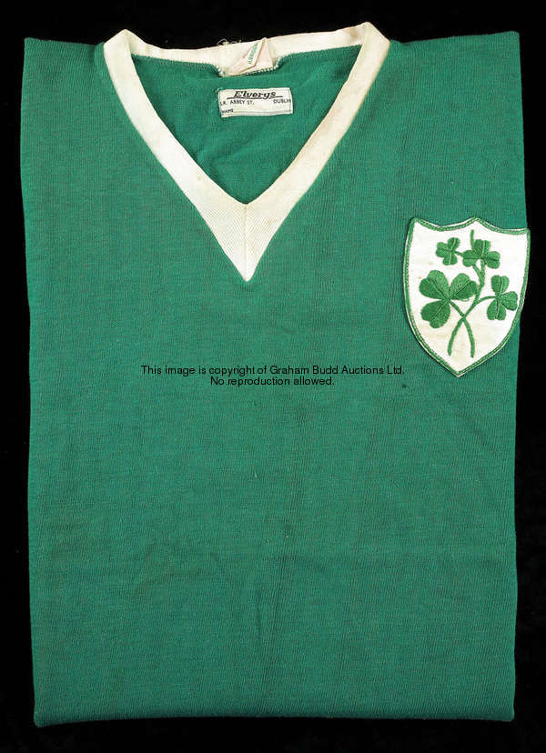 A green No.4 Republic of Ireland amateur international jersey worn by Michael Dalton of Bohemians in...