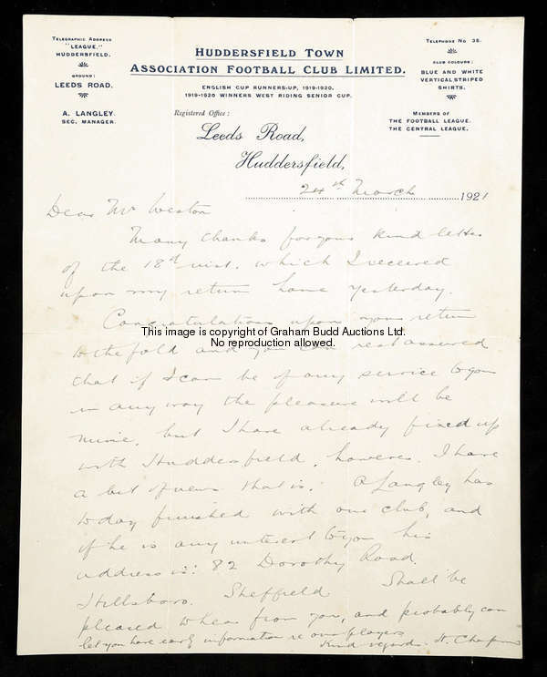 A signed hand written letter from Herbert Chapman on Huddersfield Town headed paper dated 24th March...