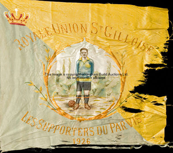 A Belgian silkwork football banner dated 1926, designed with a standing footballer, a Belgian royal ...