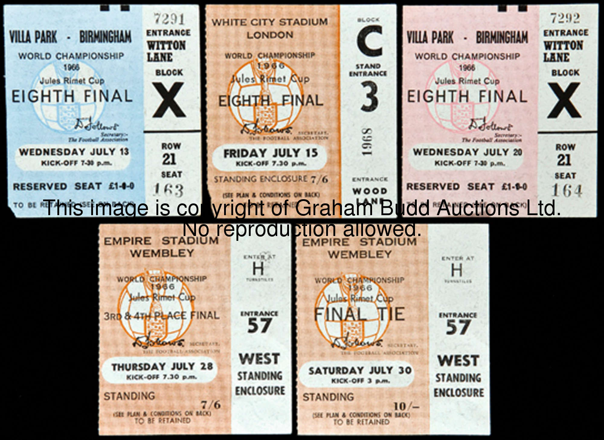 Five 1966 World Cup Final Ticket Stubs Comprising At Wembley The five-1966-world-cup-final-ticket-stubs-comprising-at-wembley-the