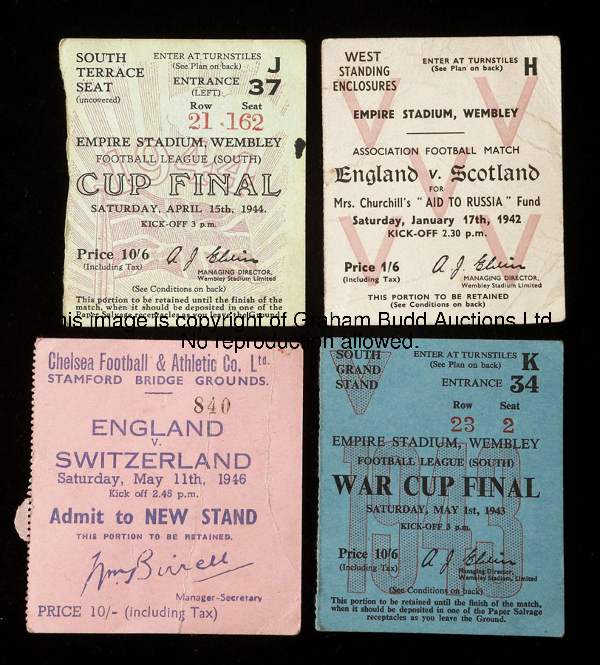 A collection of 12 wartime Wembley Stadium ticket stubs, England