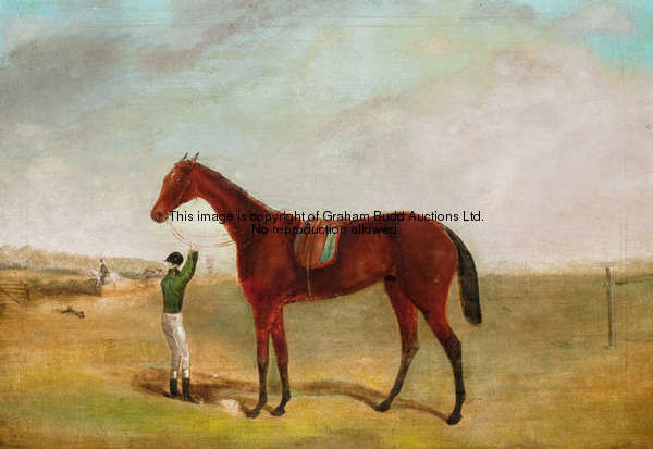 English Naive School (19th Century) NANCY BEING HELD BY HER JOCKEY oil on canvas, 41 by 57cm., 16 by...