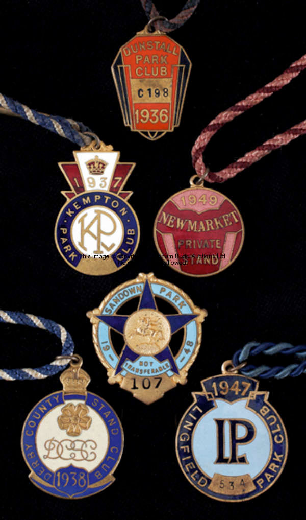 Six gilt-metal & enamel race badges, Derry County Stand Club 1938, Dunstall Park Club 1936, Kempton ...