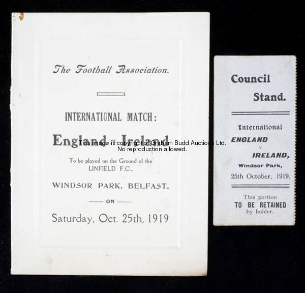 A ticket stub and a Football Association itinerary for the Ireland v England international match pla...
