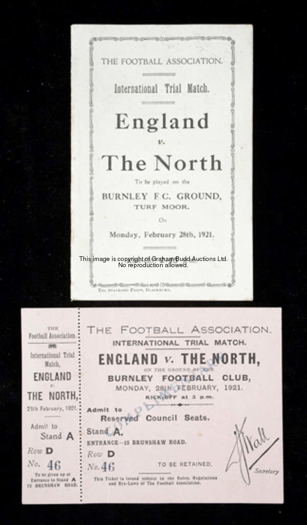 A Football Association itinerary and an unused ticket for the England v The North International Tria...