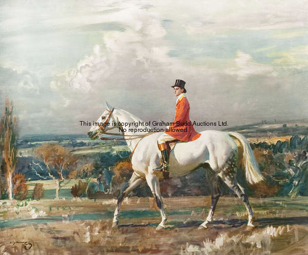 After Sir Alfred Munnings A HUNTSMAN RIDING OUT ON A GREY a colour lithograph published by Frost & R...