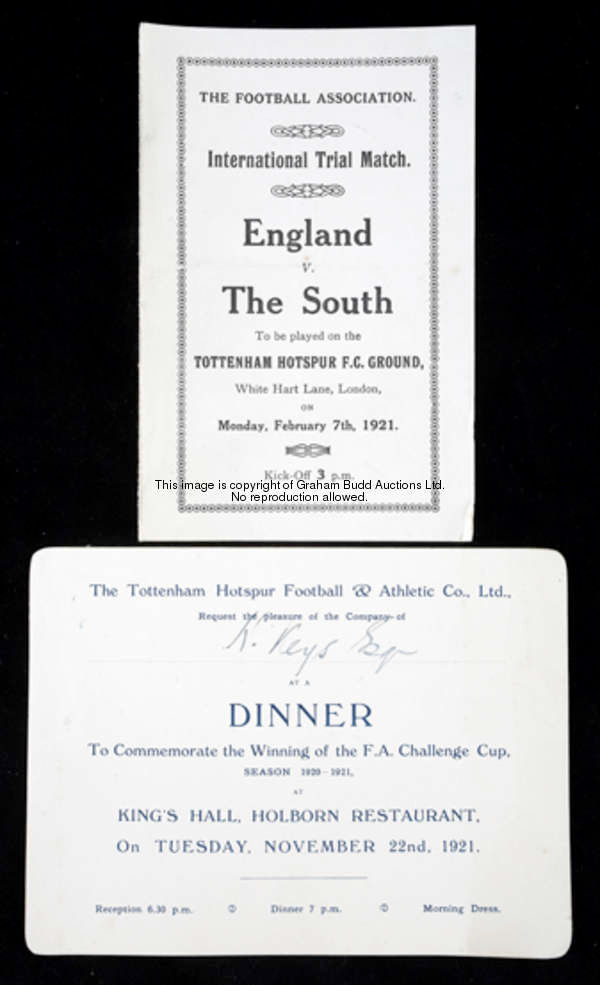 A Football Association itinerary for the England v The South International Trial Match played at Tot...