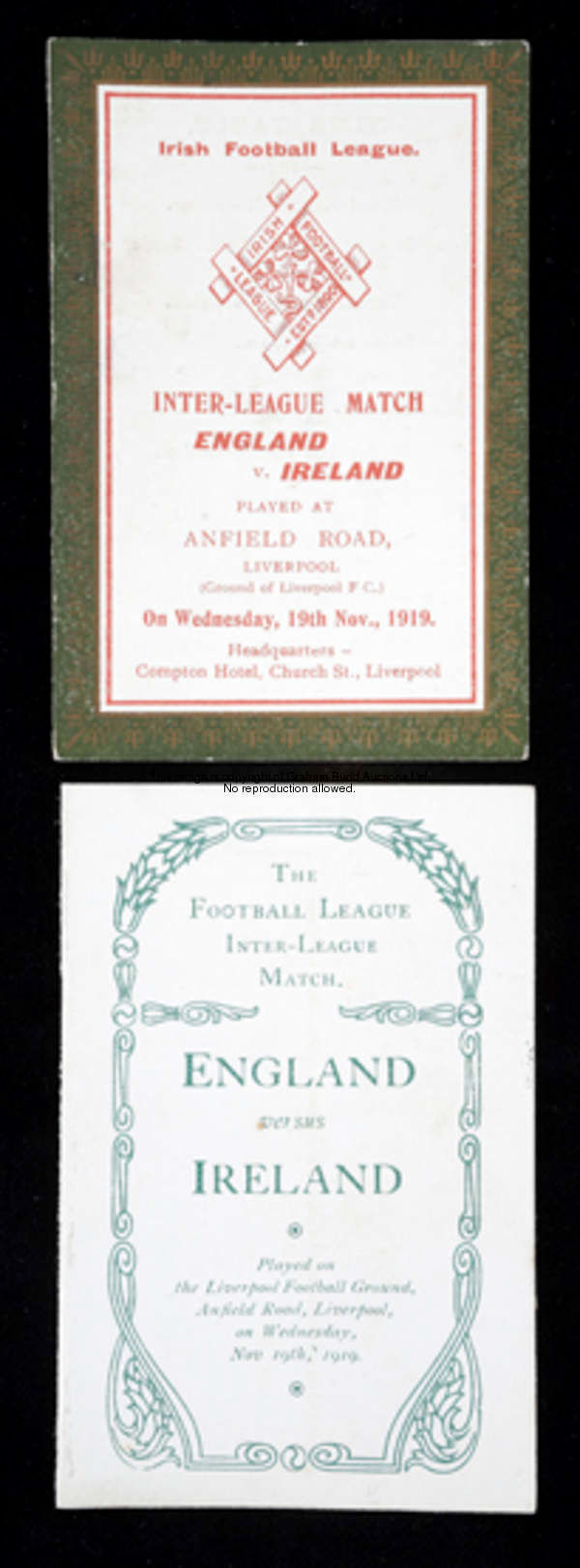 A pair of official itineraries for the England v Ireland Inter-League Match played at Liverpool FC 1...