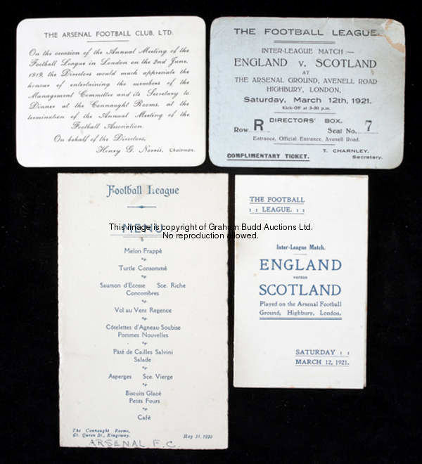A ticket and a Football League itinerary for the England v Scotland Inter-League match played at Ars...