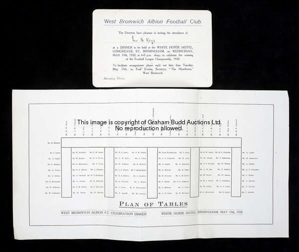West Bromwich Albion chairman Harry Keys's printed invitation to the Dinner to celebrate the club's ...