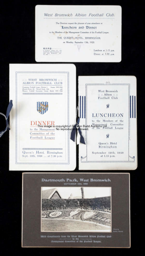 Two menus relating to the West Bromwich Albion Luncheon and Dinner given to Members of the Managemen...