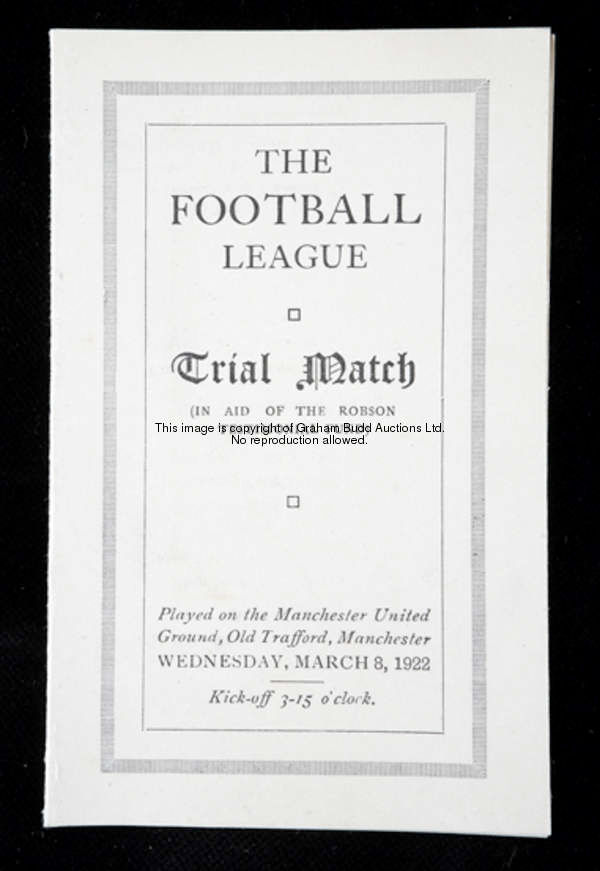 An itinerary for the Football League Trial Match In Aid of the Robson Testimonial Fund played at Man...