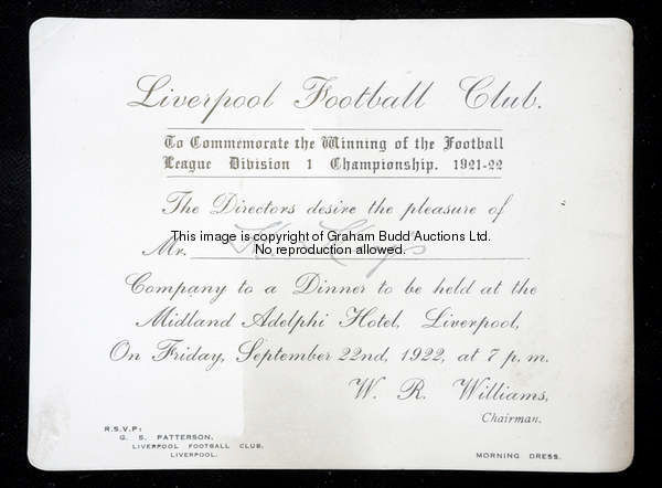 A printed invitation from Liverpool FC for a dinner to commemorate the club's Football League Champi...