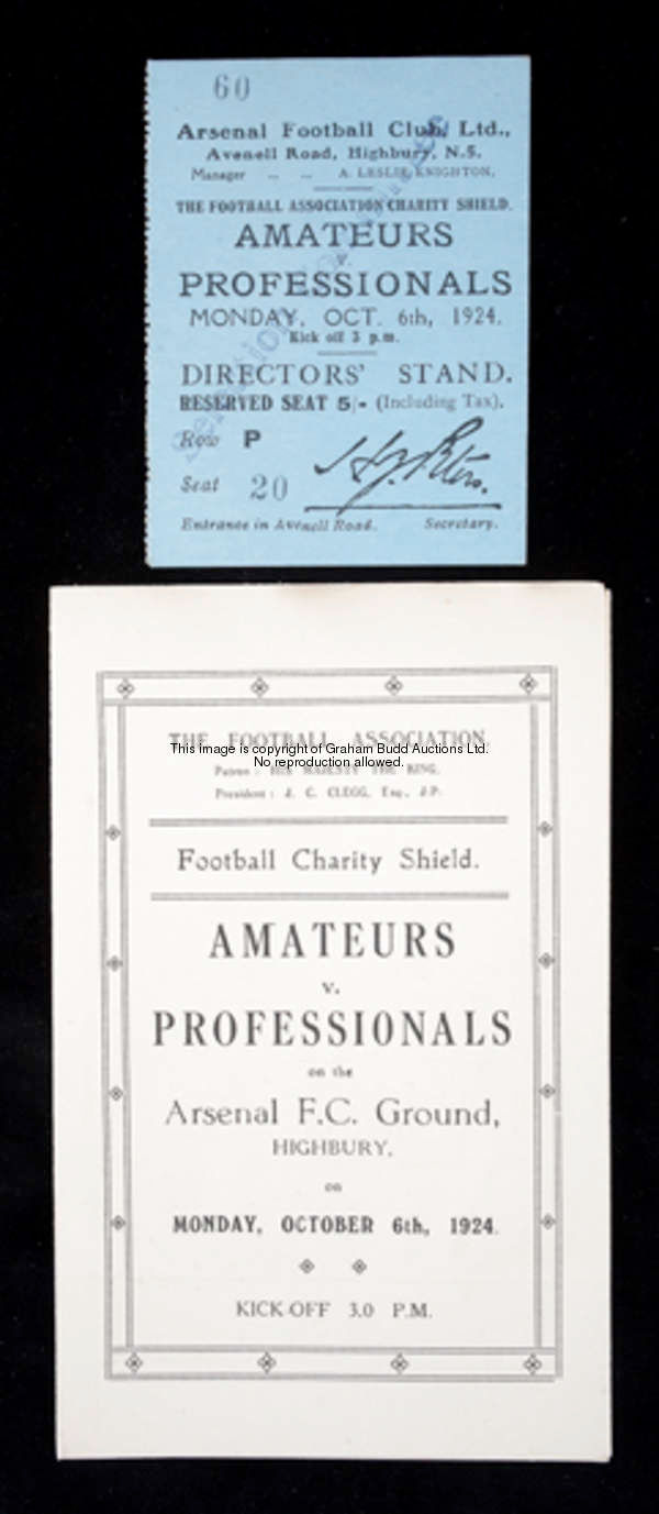 A ticket and a Football Association itinerary for the Charity Shield Amateurs v Professionals played...