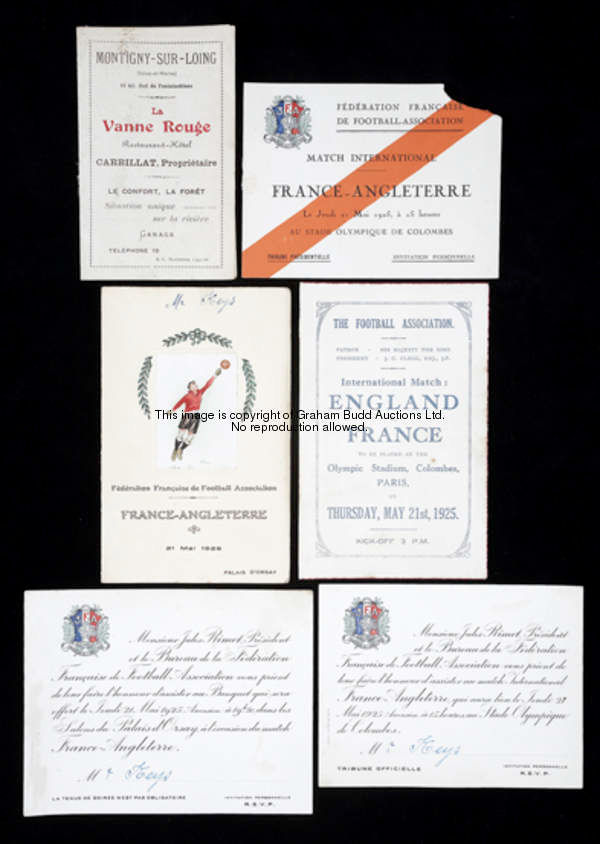 A fine group of memorabilia relating to the France v England international played at the Stade Olymp...