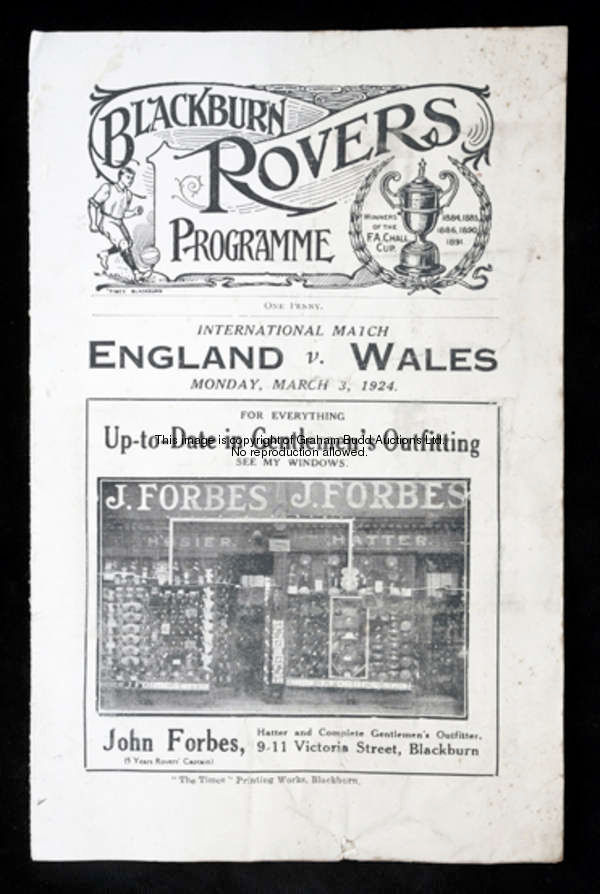 England v Wales international programme played at Blackburn Rovers 3rd March 1924, 4-pager, gloss co...