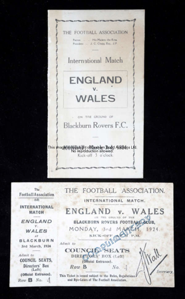 An unused ticket for the England v Wales international match played at Blackburn Rovers 3rd March 19...