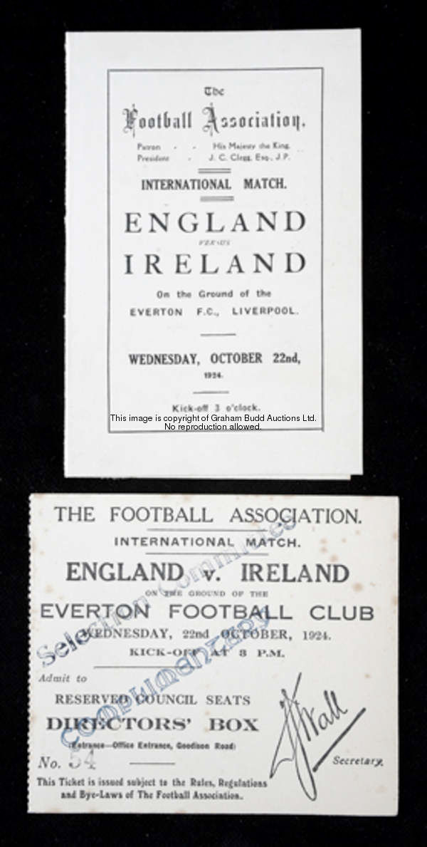 A ticket and a Football Association itinerary for the England v Ireland international match played a...