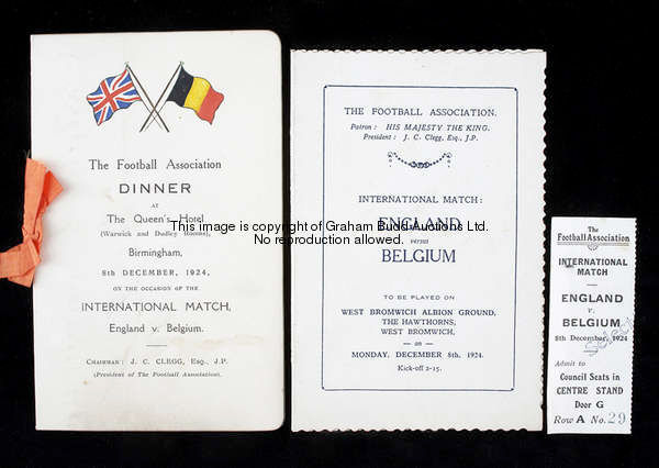 A ticket stub, a Football Association itinerary and a menu for the England v Belgium international m...