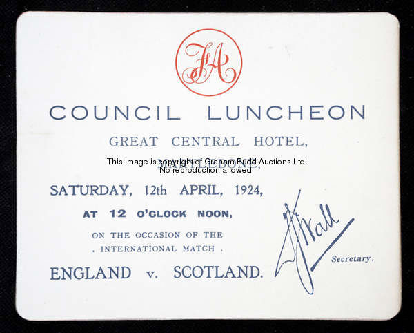 A Football Association Council Luncheon invitation on the occasion of the first England internationa...