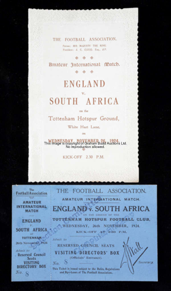 An unused ticket and a Football Association itinerary for the England v South Africa amateur interna...