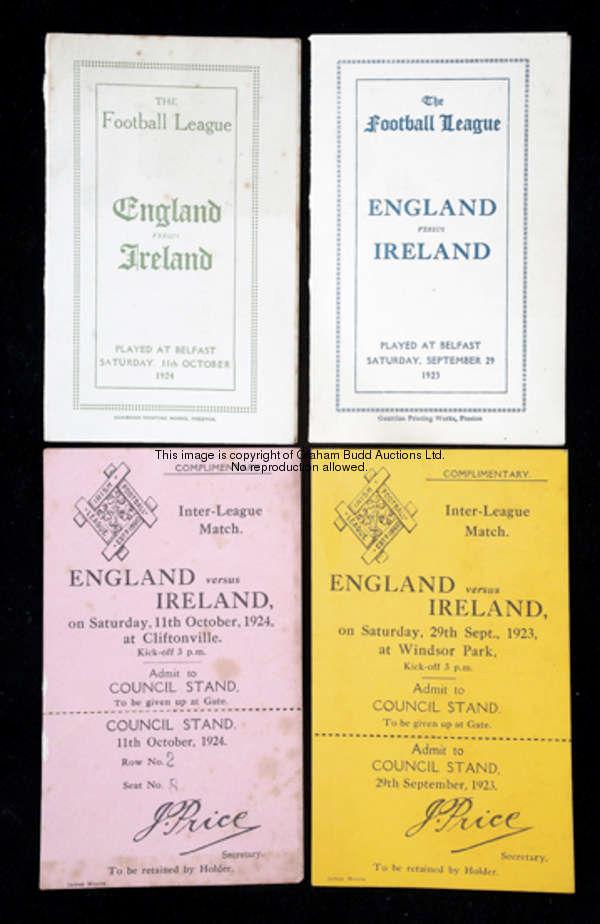 Two unused tickets and two Football League itineraries for the England v Ireland Inter-League Matche...
