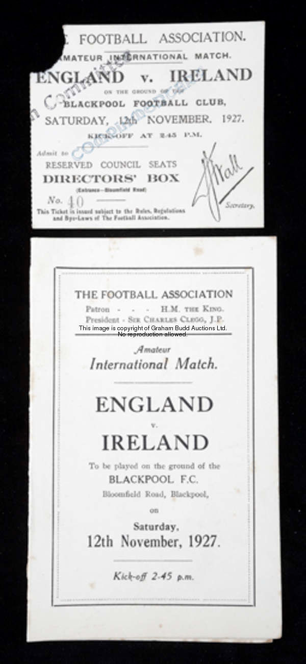 A ticket and a Football Association itinerary for the England v Ireland Amateur International Match ...