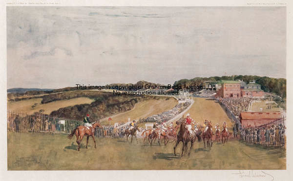 A signed Lionel Edwards colour lithograph of Goodwood from Trundle Hill, the scene with horses and j...