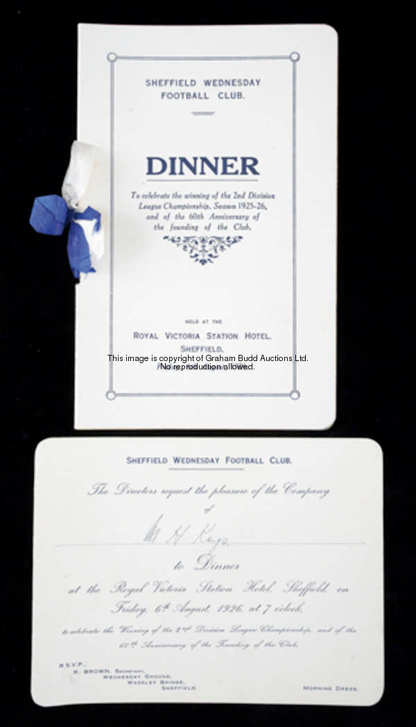 A Sheffield Wednesday dinner menu celebrating the winning of the 2nd Division League Championship in...