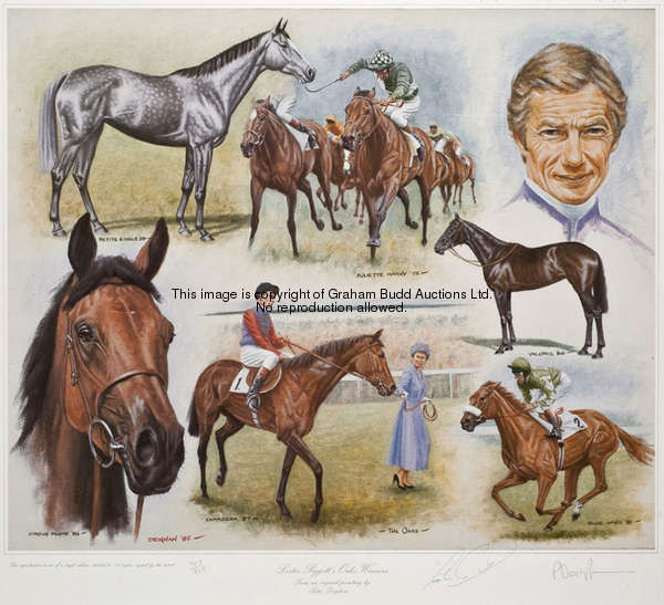 A set of four Peter Deighan prints featuring and signed by Lester Piggott, vignettes of Lester and h...