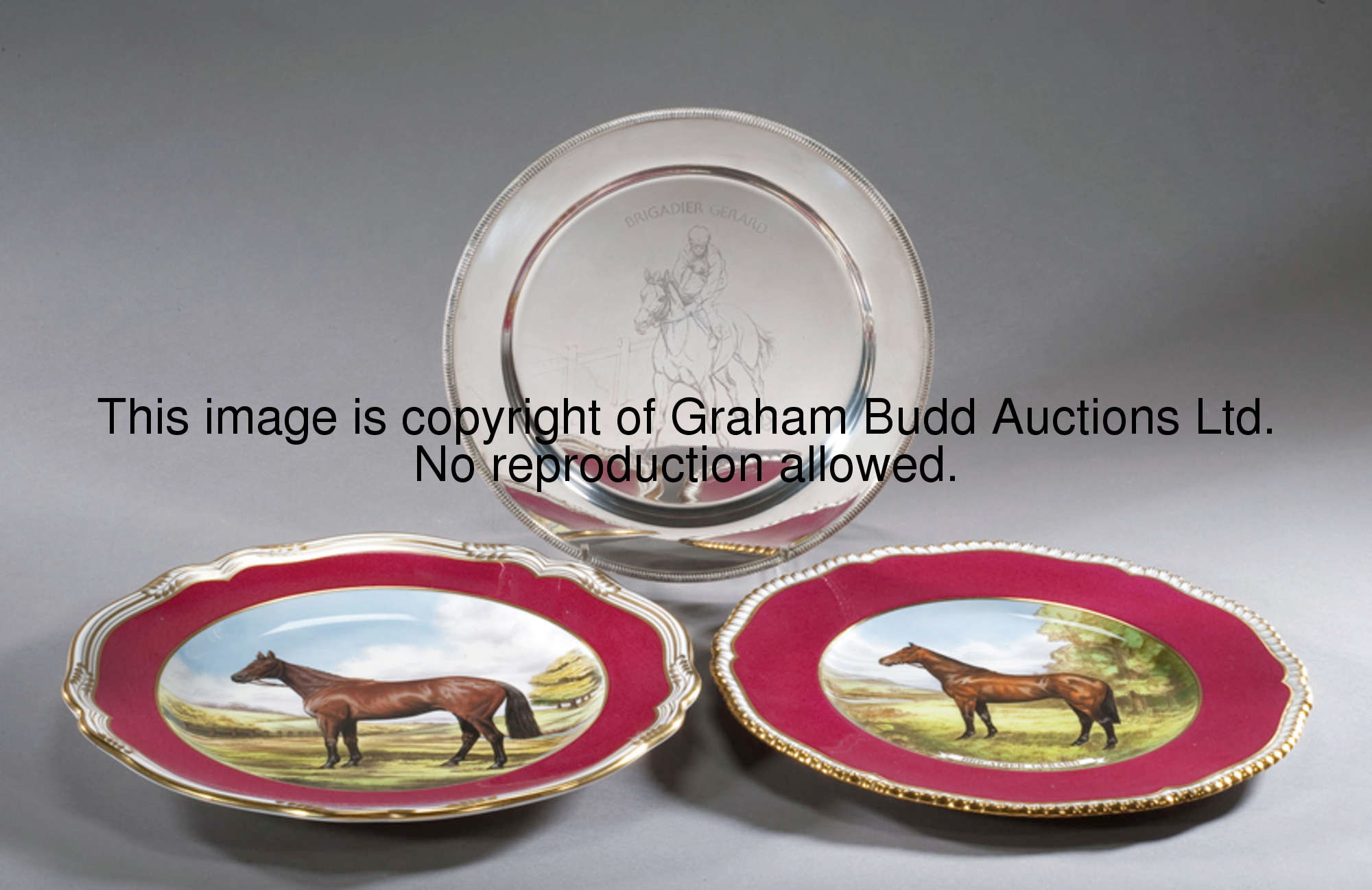 Two Spode bone china plates featuring Red Rum and Brigadier Gerard, both from limited editions of 20...