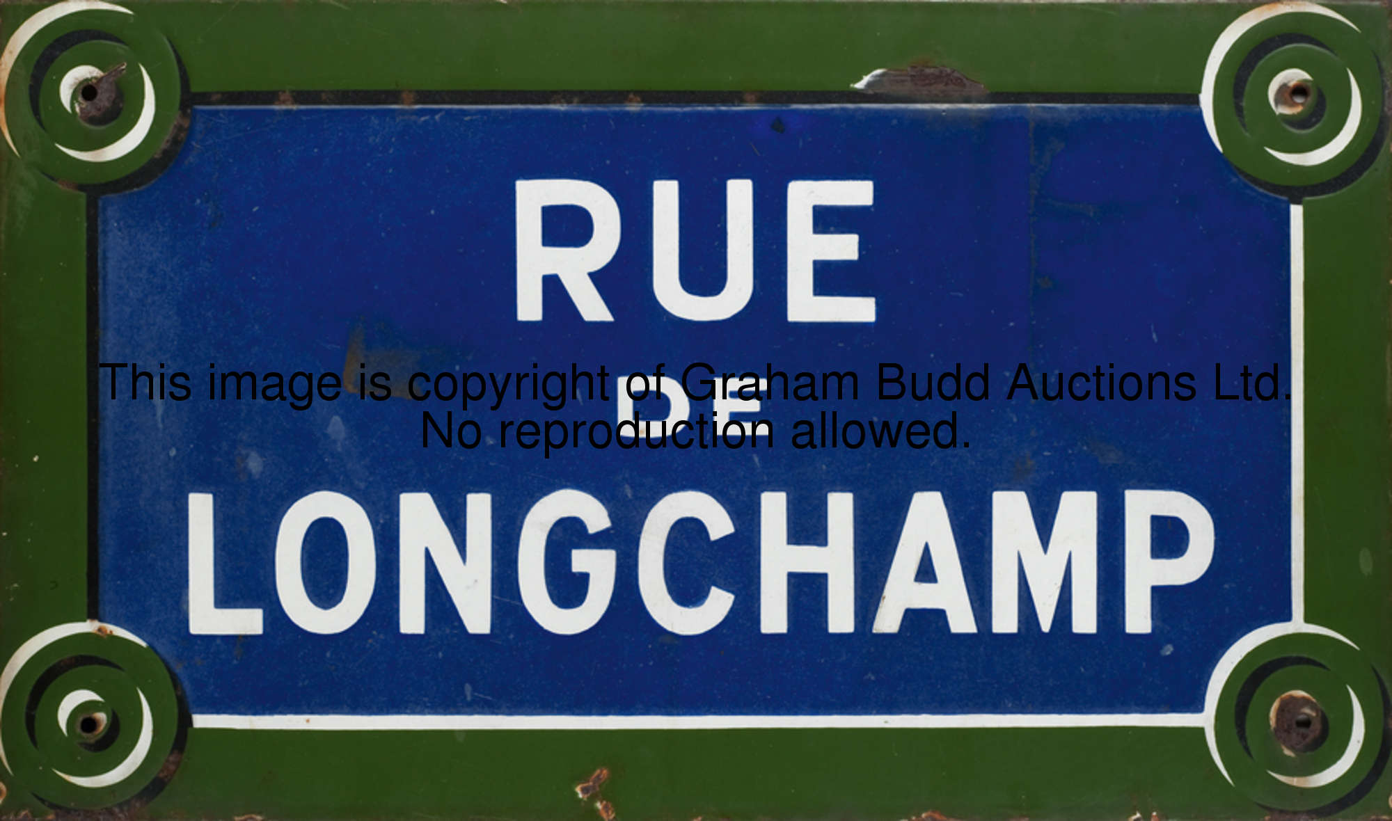 A French street sign for the Rue de Longchamp, enamelled in blue, green & white, 35 by 60cm., 13 3/4...