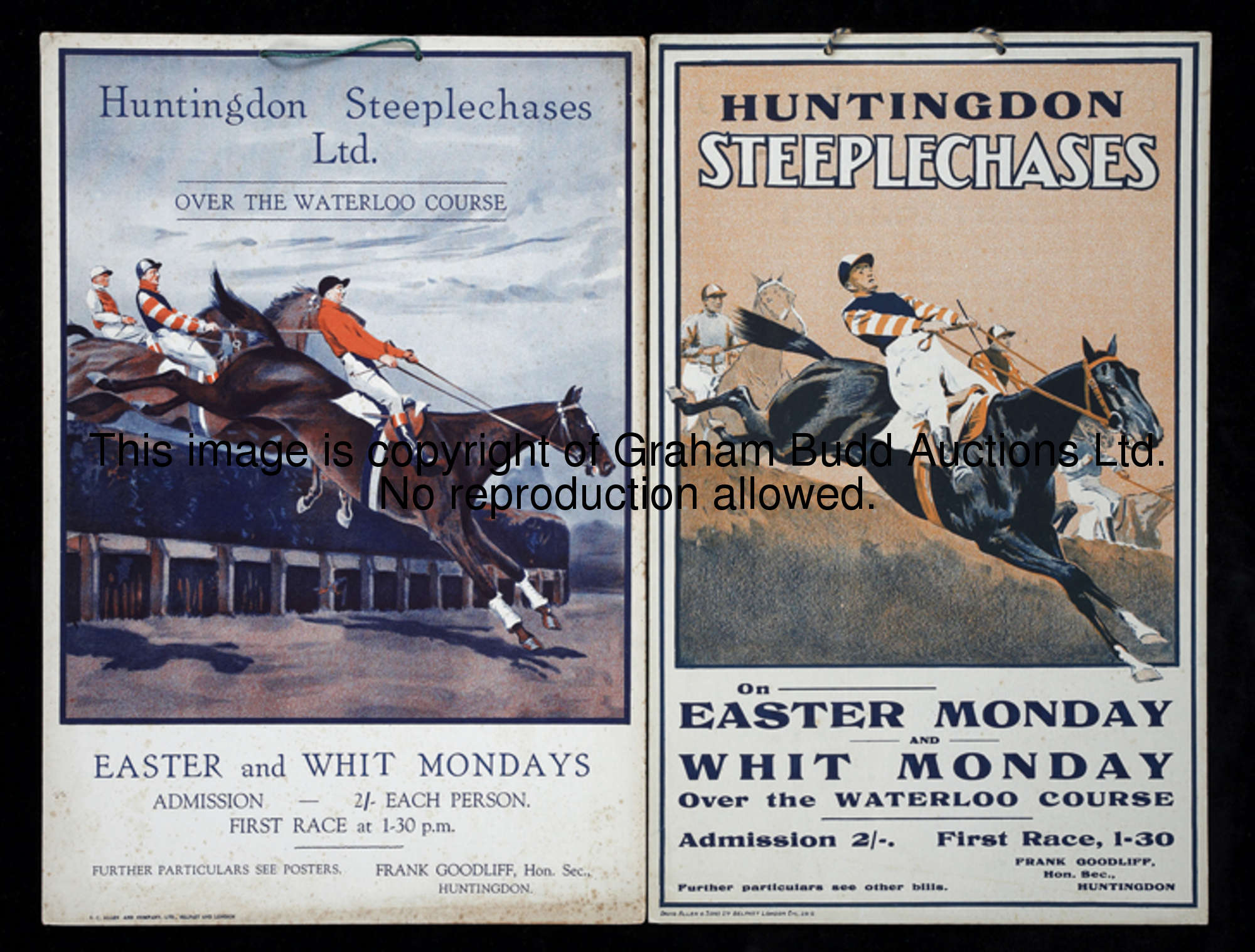 Two vintage posters for Huntingdon Steeplechases on Easter Monday and Whit Monday, colour lithograph...