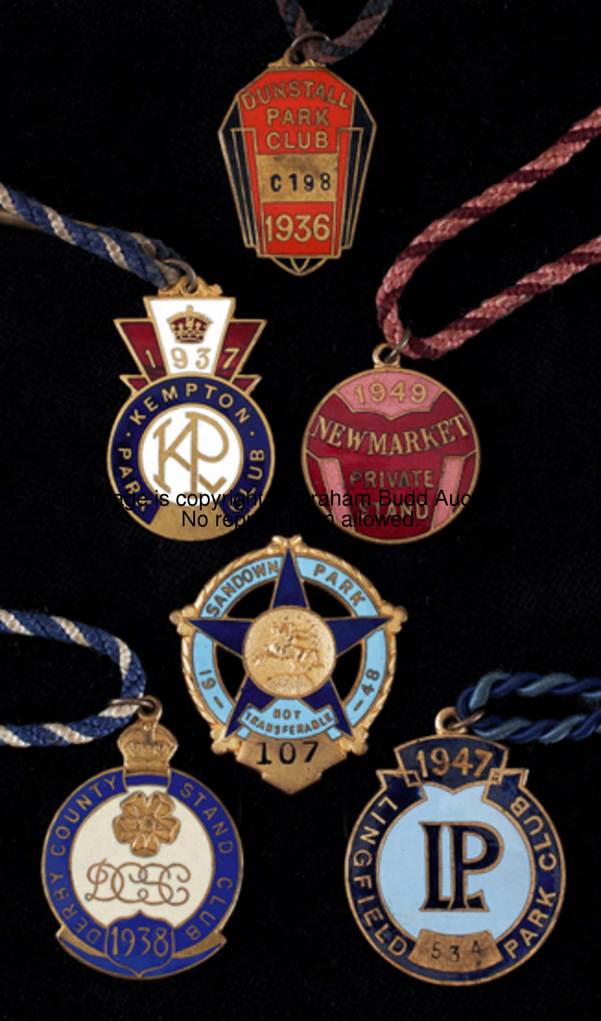Six gilt-metal & enamel race badges, Derry County Stand Club 1938, Dunstall Park Club 1936, Kempton ...