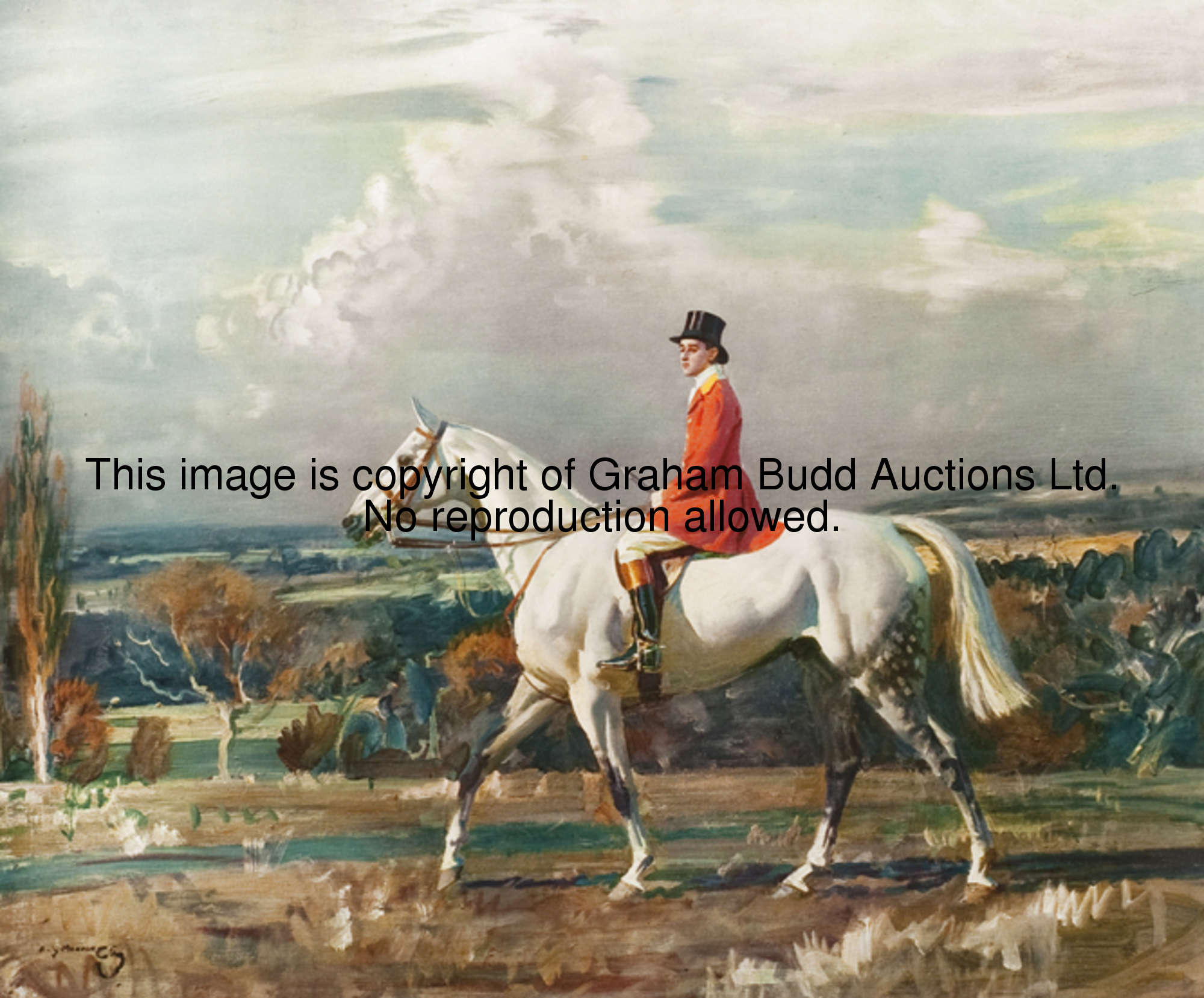 After Sir Alfred Munnings A HUNTSMAN RIDING OUT ON A GREY a colour lithograph published by Frost & R...