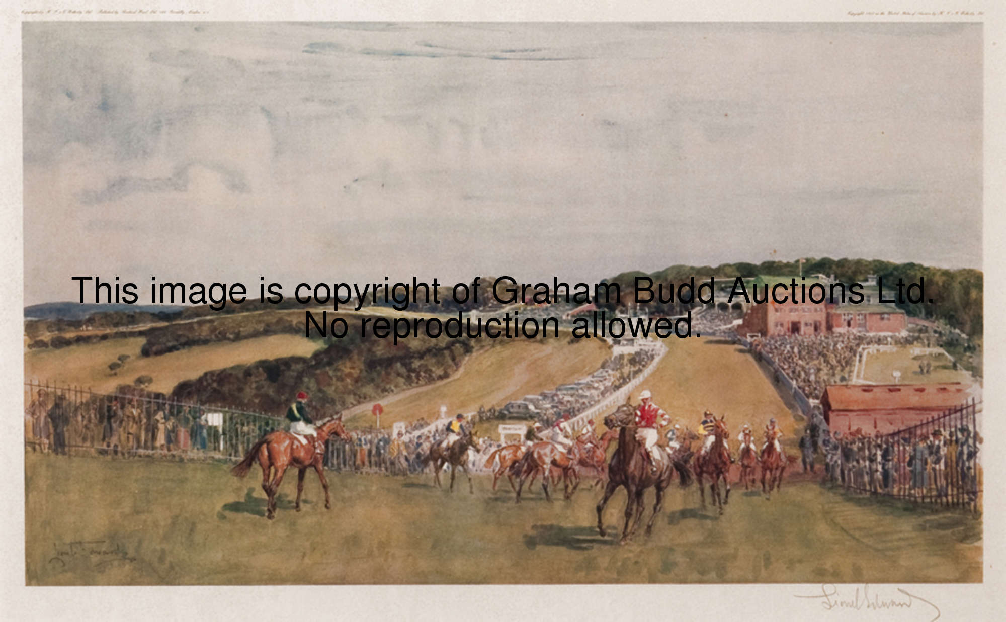 A signed Lionel Edwards colour lithograph of Goodwood from Trundle Hill, the scene with horses and j...