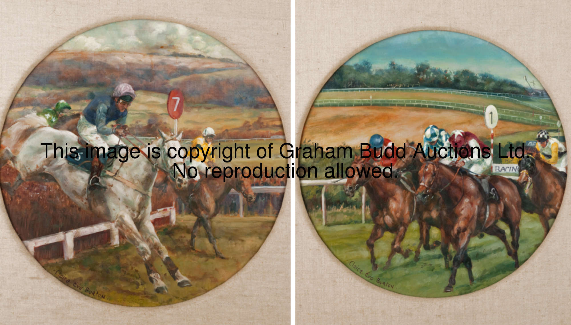 Claire Eva Burton (born 1955) 1989 CHELTENHAM GOLD CUP; 1986 SUSSEX STAKES (A PAIR) both signed, oil...